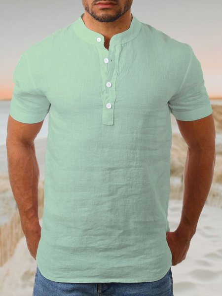 

Men's Holiday Cotton Linen Henley Collar Shirt, Aqua, T-shirt