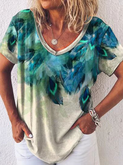 

Casual Feather V Neck Loosen Short Sleeve T-Shirt, Multicolor, T-Shirts