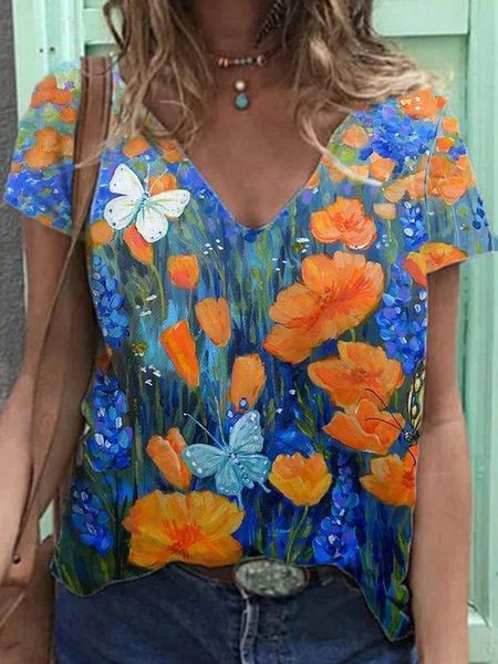 

Floral Butterfly Casual Loosen V Neck Short Sleeve T-Shirt, Flower, T-Shirts