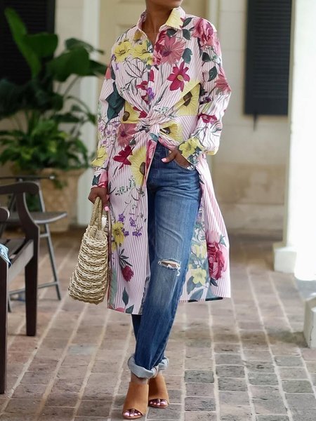 

Vacation Floral Long Sleeve Shirt Collar Kink Top, Pink, Tops