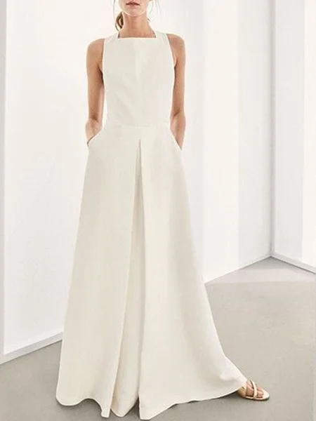 

Square Neck Regular Fit Plain Short Sleeve Woven Maxi Dress, White, Maxi Dresses