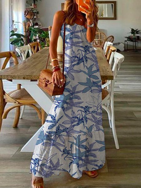 

Floral Crew Neck Short Sleeve Woven Dress, Blue, Maxi Dresses