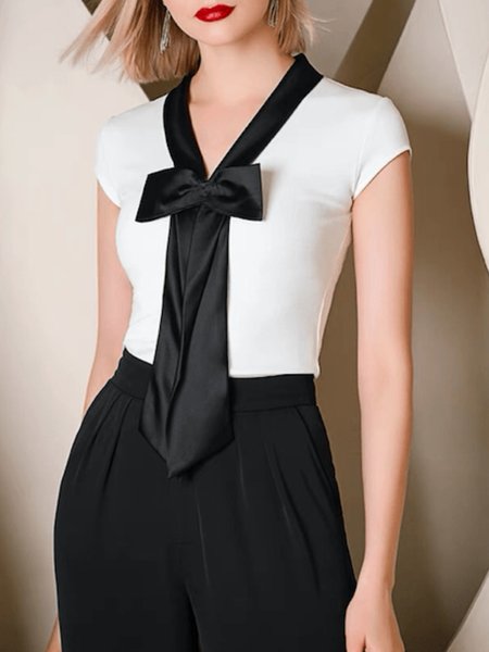 

Summer V neck Color Block Short Sleeve High Stretch Tops, Black-white, Tees