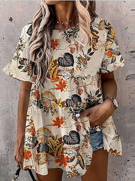 

Crew Neck Vacation Floral Short Sleeve Tops, Multicolor, T-Shirts