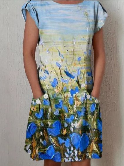 

Crew Neck Floral Casual Short Sleeve women Dress, Blue, Dresses
