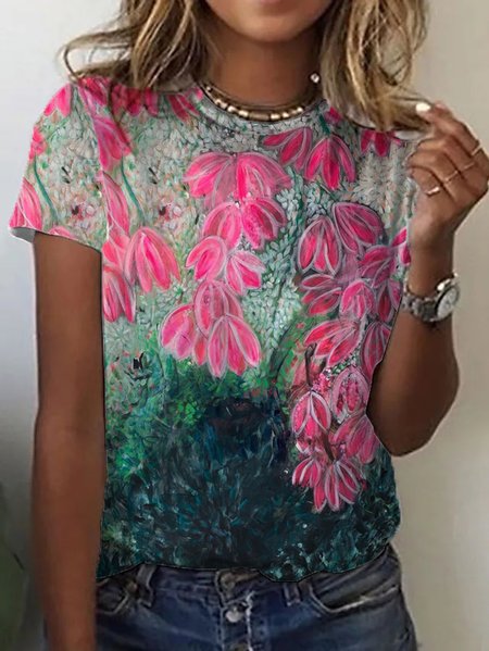 

Floral Casual Loosen Short Sleeve T-Shirt, Multicolor, T-Shirts