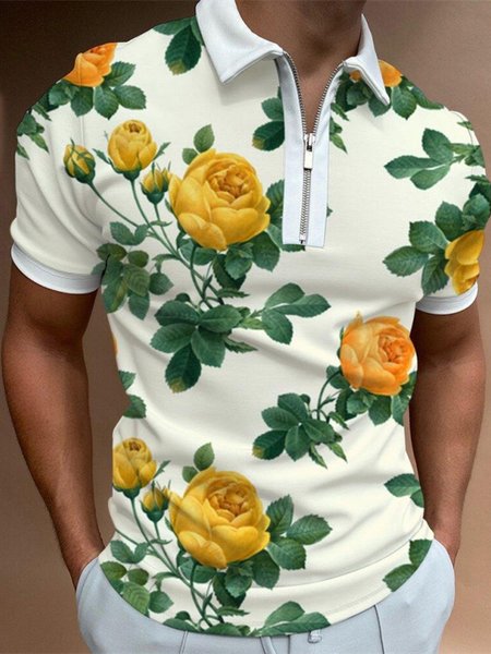 

Mens Print Zip-up collar Short Sleeve Casual Polo Shirt, Yellow, Men's Floral shirt