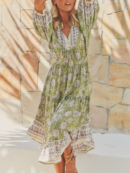 

Vacation Regular Fit V Neck Short Sleeve Woven Dress, Green, Dresses