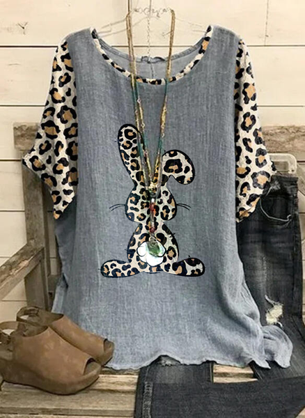 

Casual Crew Neck Happy Easter Bunny Short Sleeve Tops, Gray, Tops
