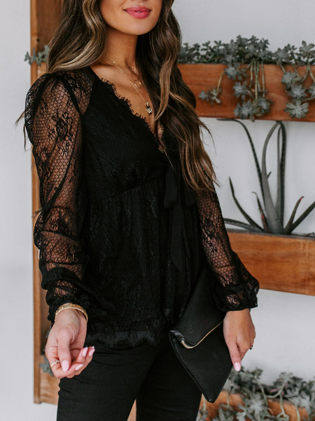 

Regular Fit Vacation Plain Long Sleeve Tops, Black, Long sleeve tops