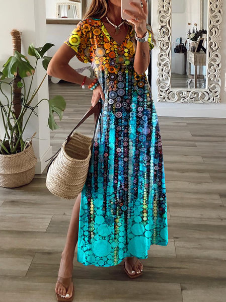 

Casual Loosen V Neck Short Sleeve Knit Dress, Multicolor, Maxi Dresses