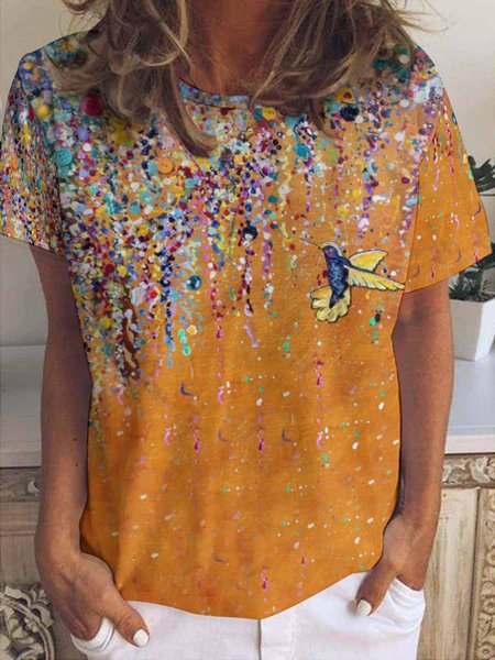 

Casual Abstract Bird Print Crew Neck T-Shirt, Orange, T-shirts