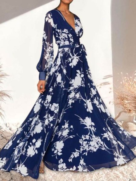 

Party Long Sleeve Chiffon Floral Printed women Dress, Dark blue, Dresses