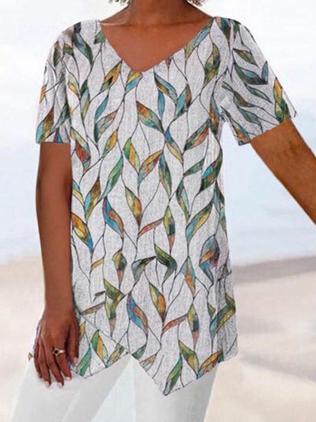 

Romantic Floral Leaves Casual Loosen V Neck Short Sleeve Tops, Flower, Tops