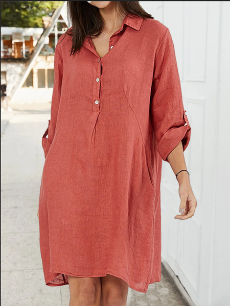 

Cotton Blends Solid Casual Long Sleeve Shirt Collar Mini Dresses, Red, Mini Dresses