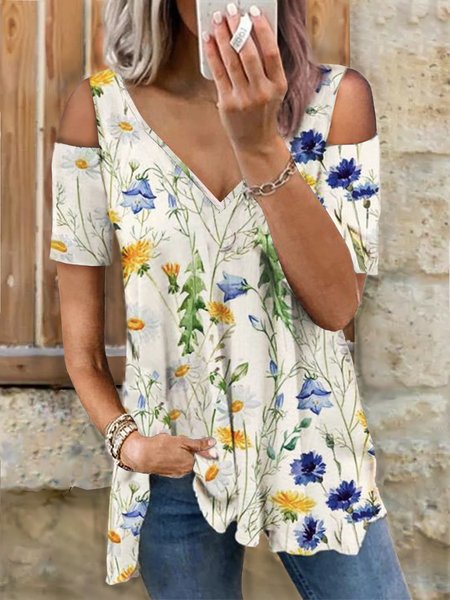 

Romantic Floral Casual Loosen V Neck Hollow Out Tunic Short Sleeve T-Shirt, White, T-Shirts