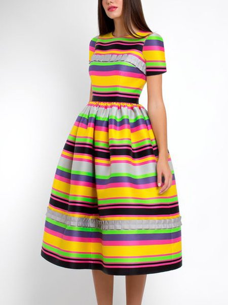 

Elegant Regular Fit Striped Crew Neck Short Sleeve Midi Dress, Multicolor, Midi Dresses