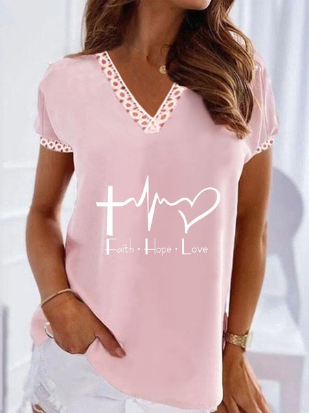 

Casual V Neck Loosen Heart Short Sleeve Tops, Pink, Tops