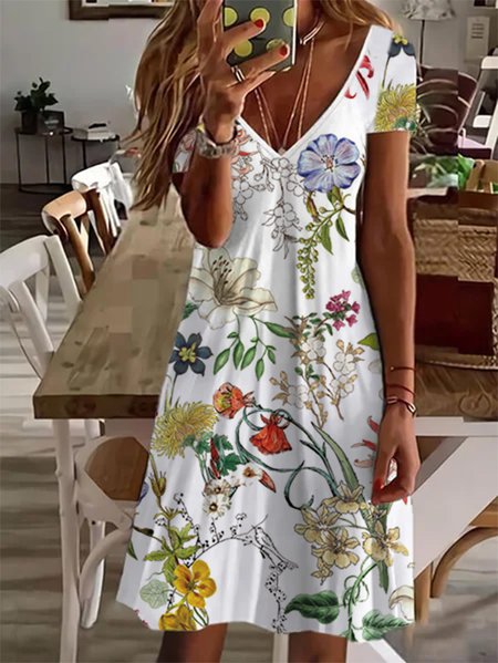 

V Neck Casual Floral Short Sleeve Knit Dress, White, Mini Dresses