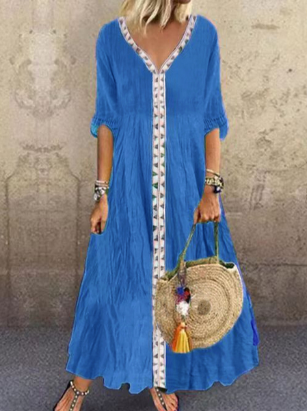 

Loosen Cotton Blends Vacation Short sleeve women Dress, Blue, Dresses