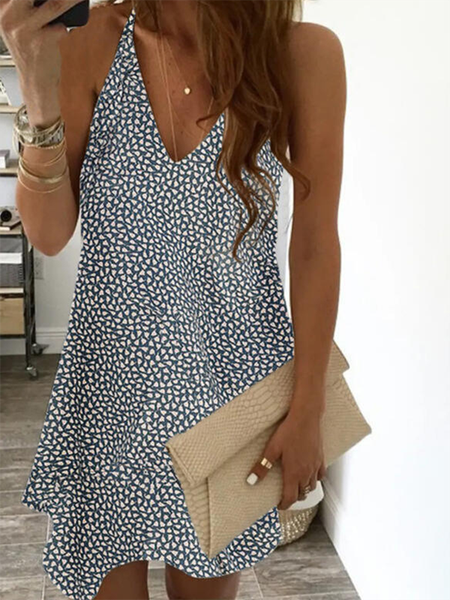 

Geometric V neck Short Sleeve Casual Woven Dress, Blue, Mini Dresses