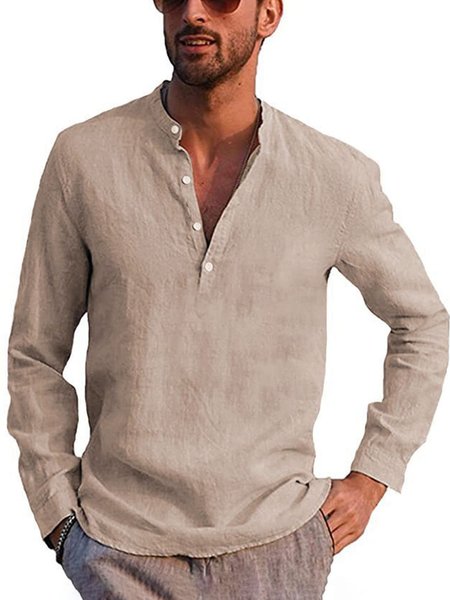 

Men's Vacation Casual Cotton Linen Shirt, Khaki, Long Sleeve Basic Shirts