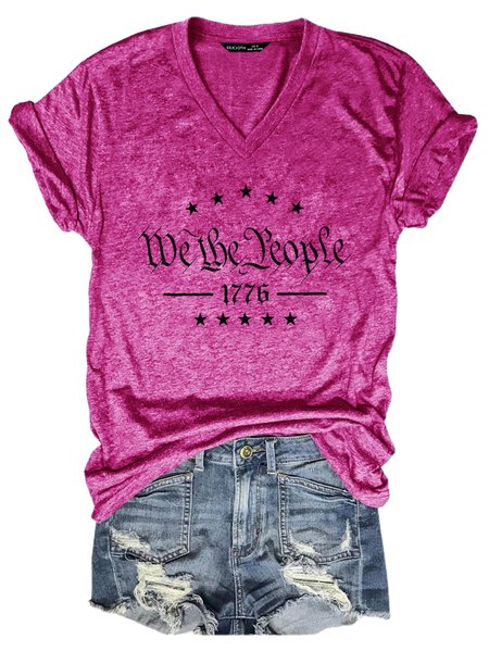 

We The People 1776 V Neck Casual T-Shirt, Rose red, T-shirts