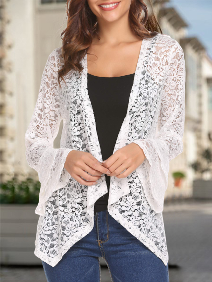 

Lace Elegant Wedding Home Vacation Cardigan Casual Frill Sleeve Cardigan, White, Cardigans