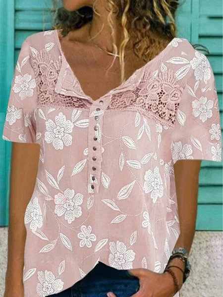 

JFN V Neck Floral Casual T-Shirt/Tee, Pink, T-Shirts