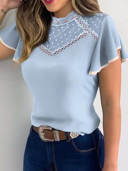 

Casual Guipure Hollow Out Short Sleeve Tops, Blue, T-Shirts