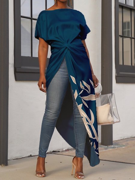 

Crew Neck Elegant Floral Short Sleeve Top, Purplish blue, Blouses and Shirts