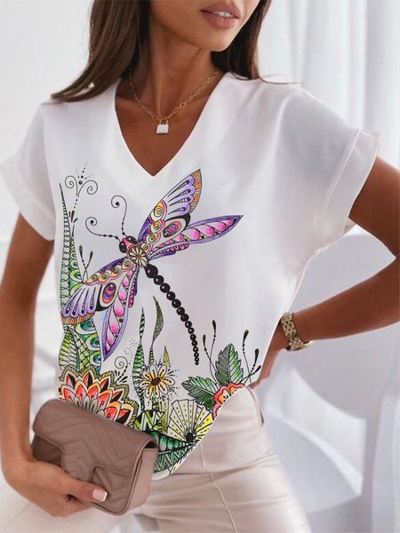 

Floral Dragonfly Casual Tribal Short Sleeve V neck Tops, White, T-Shirts