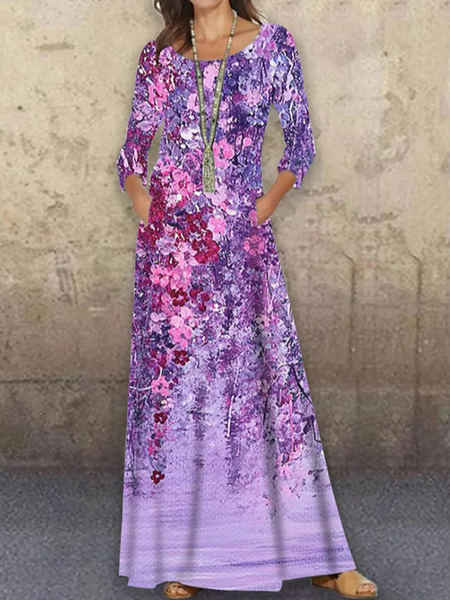 

Floral Crew Neck Long Sleeve Knit Dress, Purple, Dresses