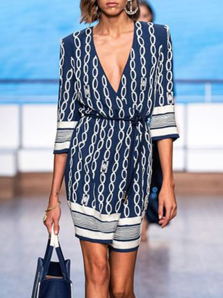 

Loosen Striped Short Sleeve Woven Mini Dress, Blue, Mini Dresses