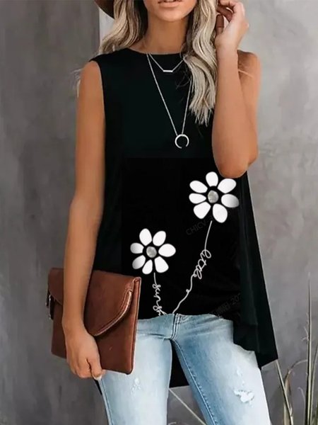 

Round Neck Casual Regular Fit Knit Tank, Black, Tank Top
