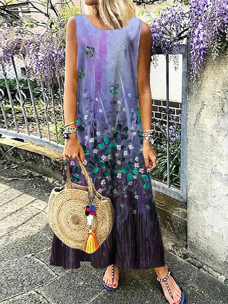 

Crew Neck Floral Sleeveless Woven Dress, Multicolor, Dresses
