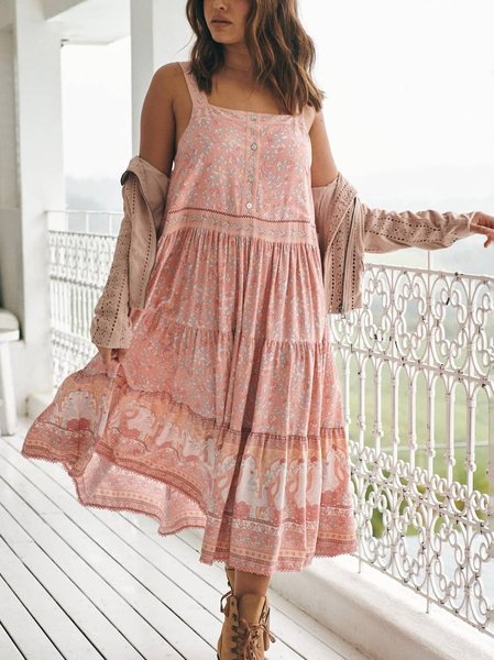 

Boho Square Neck Short Sleeve Woven Dress, Pink, Dresses