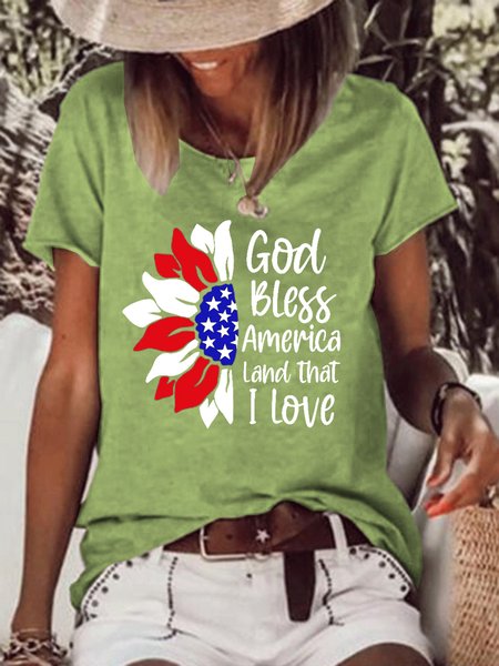 

Sunflower American Flag God Cotton Blends Casual Letter Short Sleeve T-Shirt, Green, T-shirts