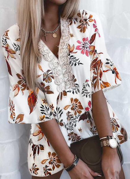 

Flare Sleeve V Neck Loosen Floral Short Sleeve Tops, White, T-Shirts