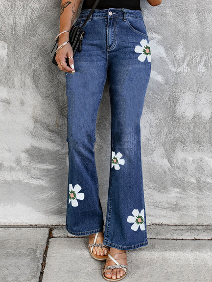 

Floral Denim Casual Jeans, Blue, Pants