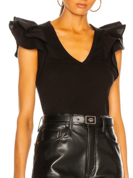 

Summer Lightweight V Neck Solid Short Sleeve Daily High Stretch Tops, Black, Tops