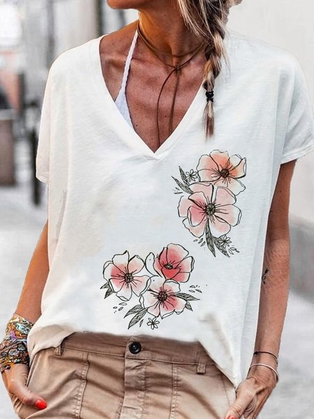 

Floral V Neck Casual Loosen Short Sleeve T-Shirt, White, T-Shirts