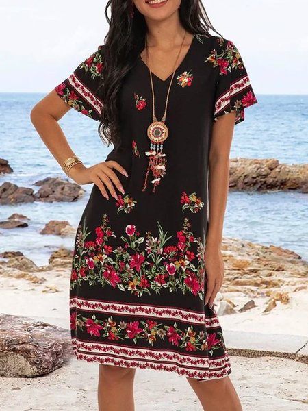 

Casual V Neck Floral Short Sleeve Woven Dress, Black, Mini Dresses