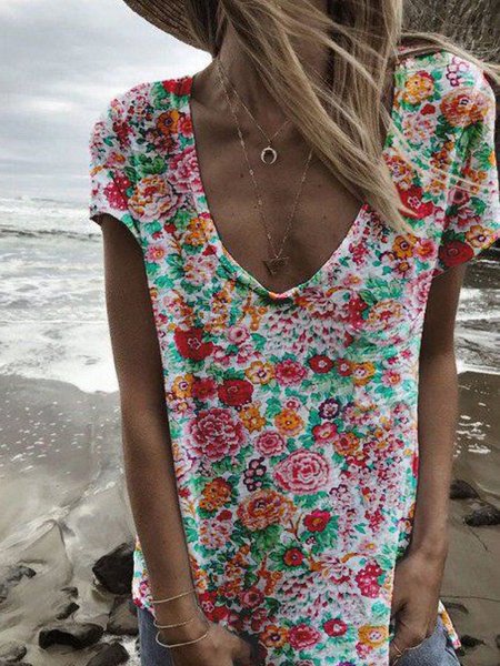 

Vacation Floral Casual Loosen V Neck Short Sleeve T-Shirt, Flower, T-Shirts