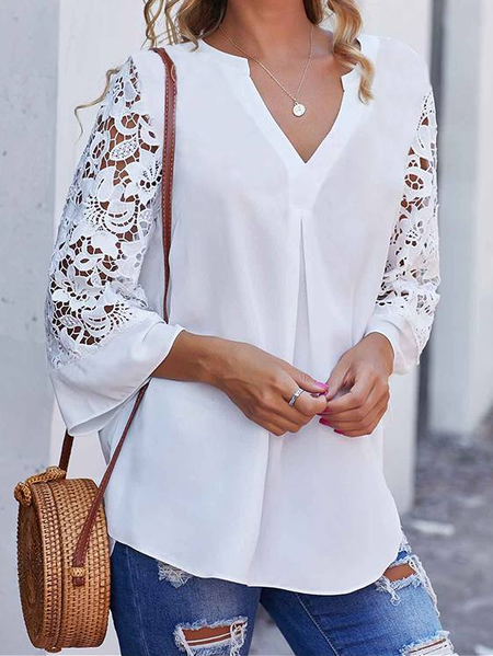 

Loosen Flare Sleeve Lace Solid Casual Tops, White, Long sleeve tops