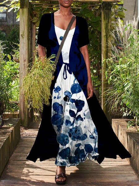 

Floral Loosen Crew Neck Short Sleeve Woven Dress, As picture, Dresses