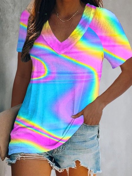 

Casual Short Sleeve V Neck Plus Size Printed Tops T-shirts, Multicolor, T-Shirts
