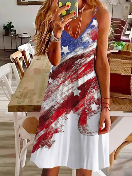 

Color-block Stars Flag Sleeveless V Neck Plus Size Casual Dress, Multicolor, Mini Dresses