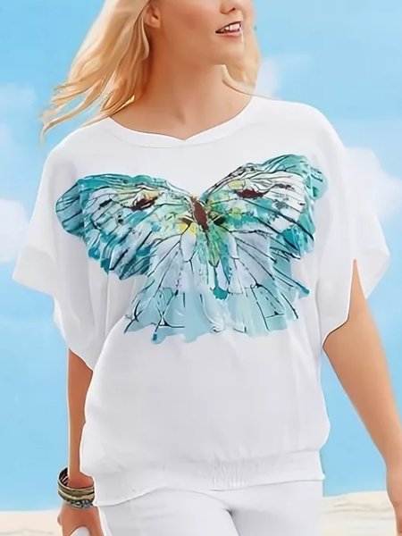 

Painted Loosen Elegant Butterfly Short Sleeve T-Shirt, White, T-Shirts