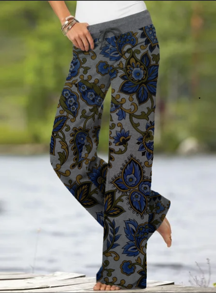 

Vacation Casual Tribal Print High Waist Drawstring Waist Loosen Pants, Gray, Pants